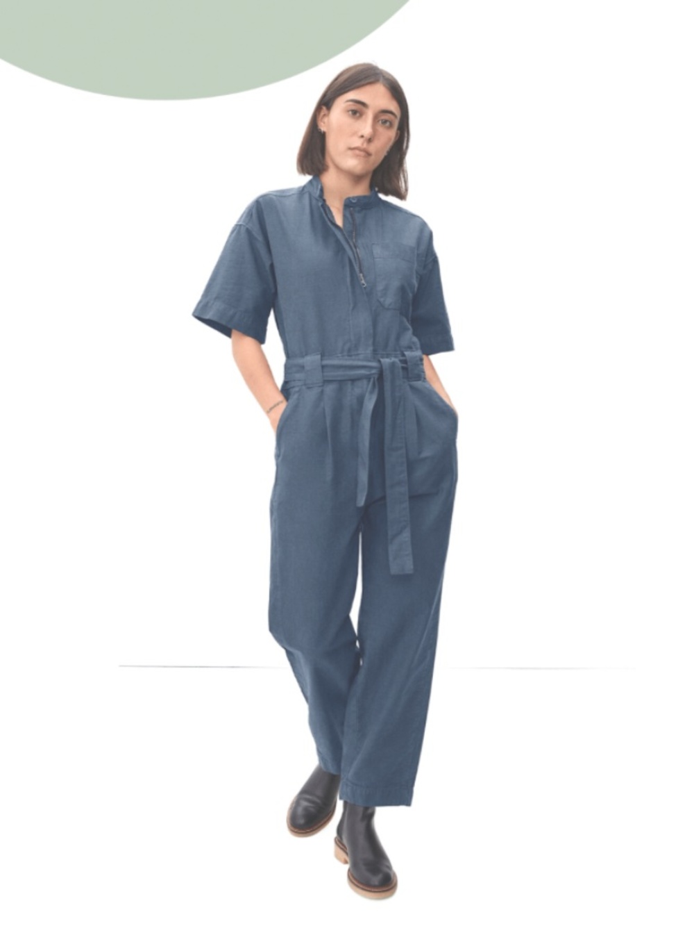 Everlane The Fatigue Navy Short-Sleeve Zip Front Jumpsuit Cotton size 8 Medium